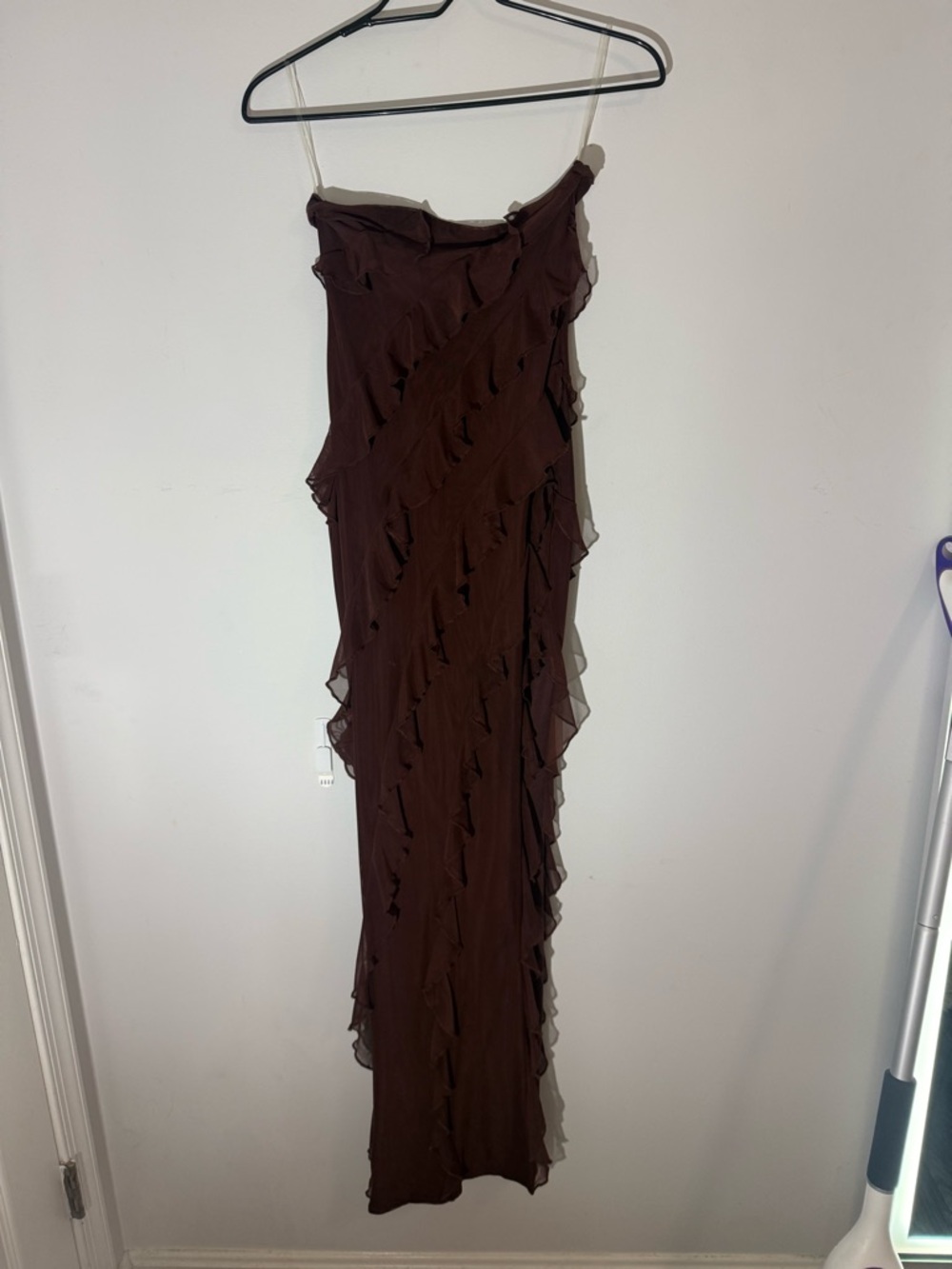 Oh Polly Strapless Ruffle Asymmetric Maxi Dress in Deep Brown - Picture 2 of 2